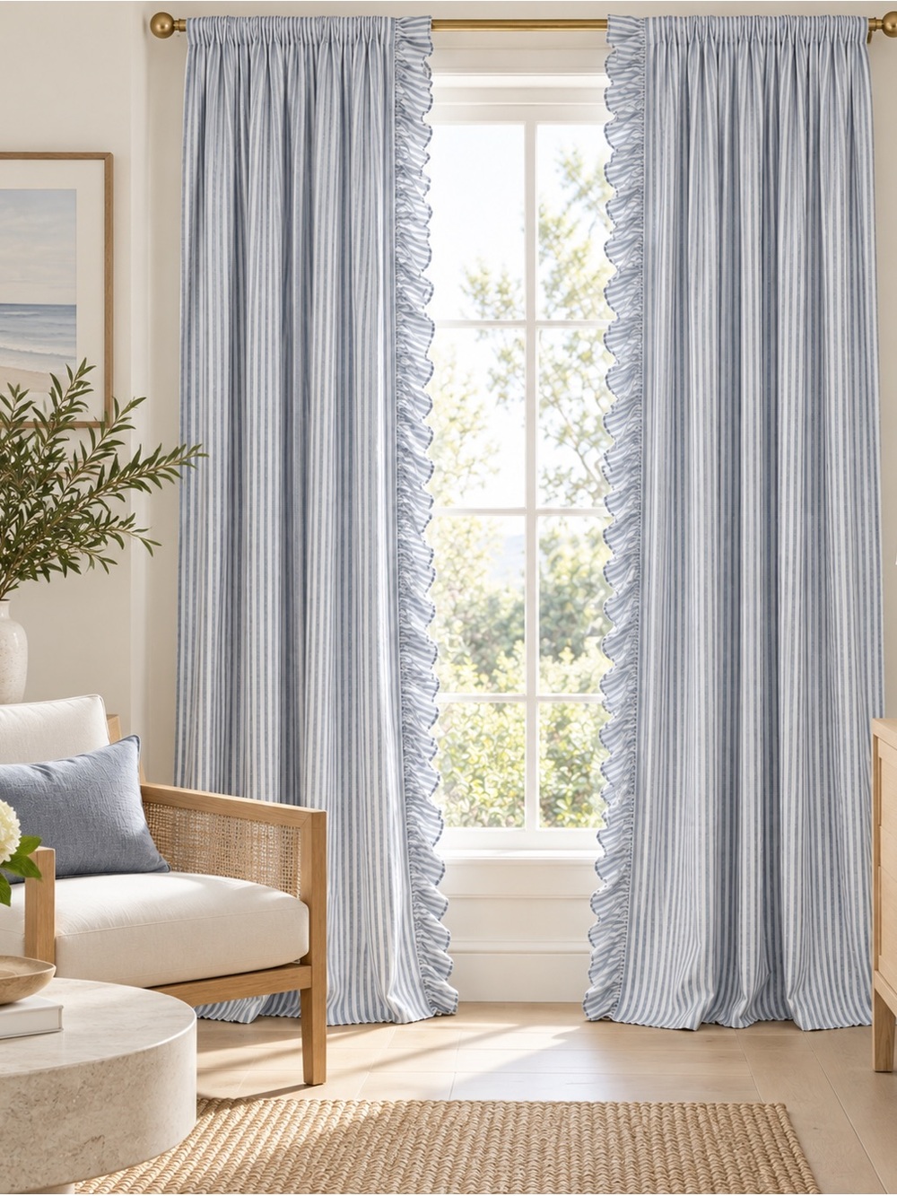Pottery Barn Organic Cotton Blue Stripe Ruffle Curtain Panels 52x108 Set of 2